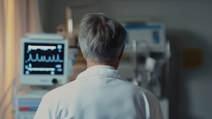 Doctor looking at vital signs monitor, modern healthcare technology, digital medical solutions, back view 