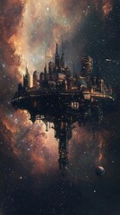 Obraz premium Floating Imaginative City in Cosmic Space