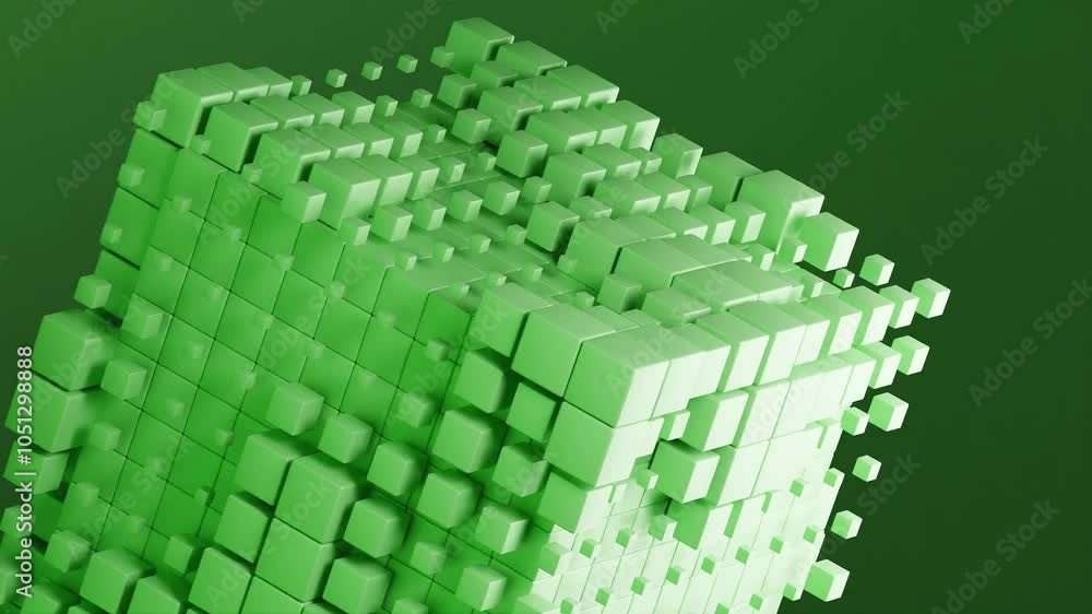 Poster abstract 3d cube structure composed of small blue cubes on a green background. digital geometric des