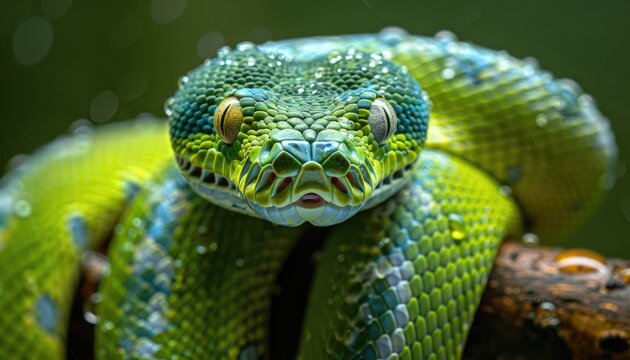 Captivating macro shot of a vibrant green tree python glimmering with dew drops showcasing nature's intricate beauty and detail