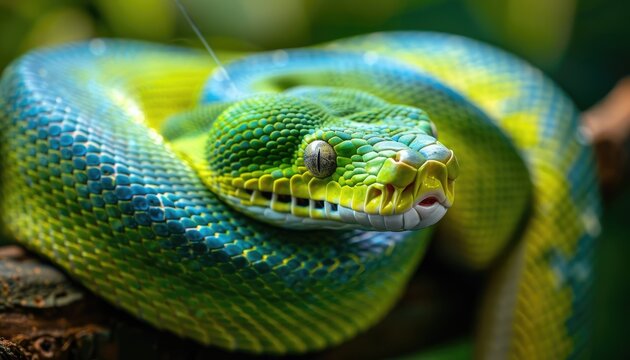 Macro shot of a vibrant green tree python showcasing its emerald scales and captivating features in a lush environment