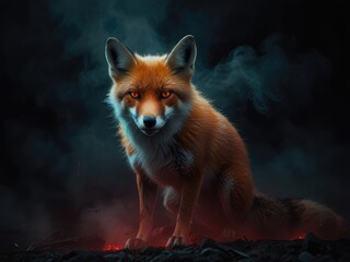 Obraz premium black fox in the dark with scary red eyes,fox in the dark,fox in the dark night