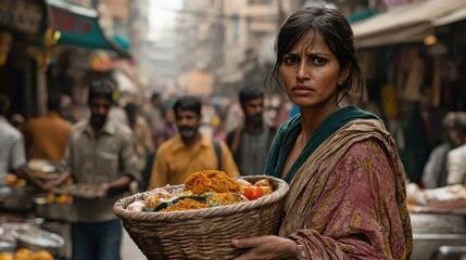Fototapeta premium Woman Carrying Basket of Food in Busy Market