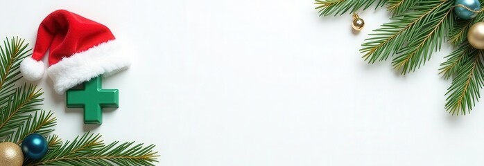 Green pharmacy cross with a Santa hat on a light, festive background. Minimalist design with copy space. Christmas and pharmacy or healthcare concept. Design for greeting card, banner, poster