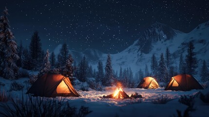 Cozy Winter Camping Scene Under Starry Sky