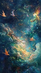 Obraz premium Whimsical Cosmic Illustration of Mythical Creatures