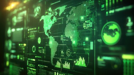 Fototapeta premium Futuristic interface with world map and data visualizations on a digital screen.