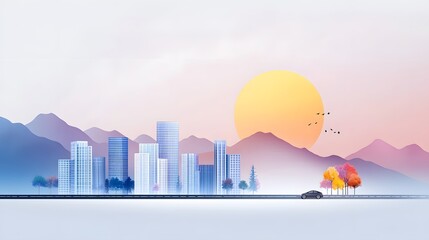 Serene cityscape at sunset with car on road