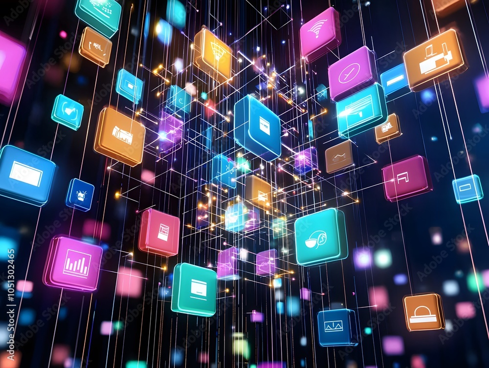 Poster abstract technology background with glowing icons and network connections.