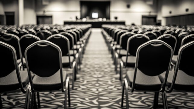 Empty Conference Hall with Rows of Chairs