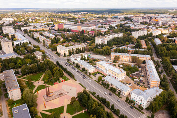 Aerial view of the small Russian city of Kovrov with its administrative center and residential areas
