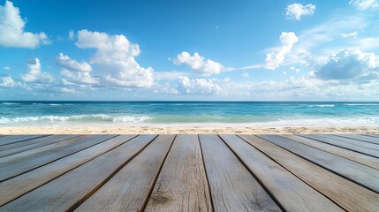 Wooden floor or plank on a sandy beach in summer with calm sea and blue sky, perfect for product display and mockups