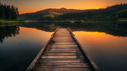 Obraz premium Landscape of the lake at sunset. Wooden pier on the calm lake and mountains