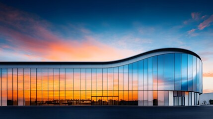 Modern glass architecture reflecting sunset skies