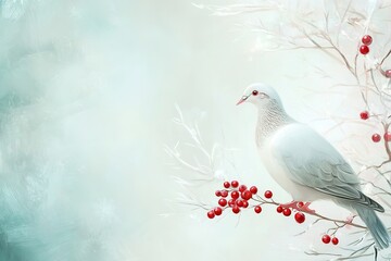 Obraz premium White dove on branch with red berries, serene background