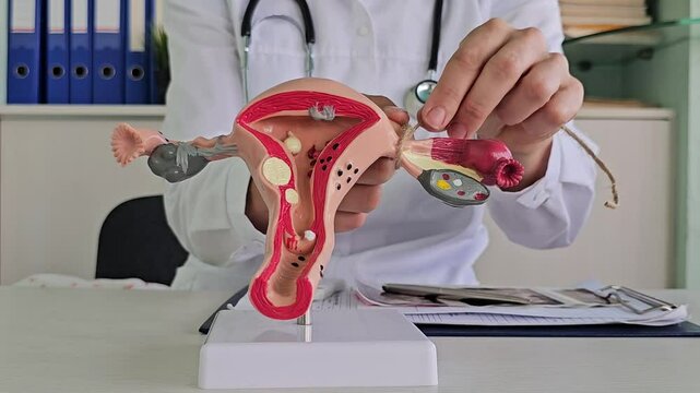 Doctor gynecologist ligates fallopian tubes on example of layout female reproductive system