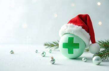 Green pharmacy cross with a Santa hat on a light, festive background. Minimalist design with copy space. Christmas and pharmacy or healthcare concept. Design for greeting card, banner, poster