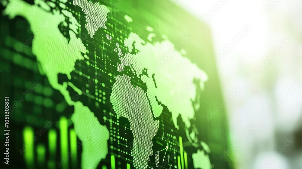 Poster green world map on a digital interface with abstract technology background.