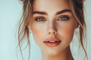 Fototapeta premium A portrait of an attractive woman with brown hair. She has flawless skin and is wearing makeup.