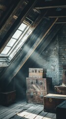 Dusty Attic with Old Trunks and Ray of Light