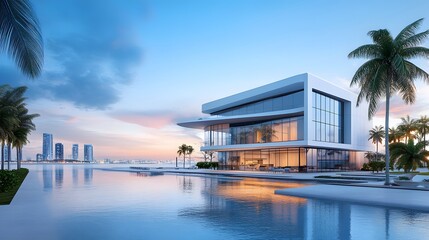 Modern waterfront house at sunset overlooking cityscape