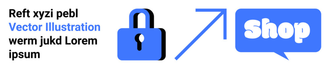 Simple lock icon with upward arrow pointing to blue shop button. Ideal for online security, e-commerce, digital transactions, website banners, marketing materials. Banner landing page