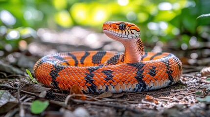 Obraz premium A vibrant orange and black snake coiled on the forest floor.