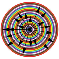Many variously colored concentric circles and many arrows radiating from the center ideal as a concept of choices and possibilities