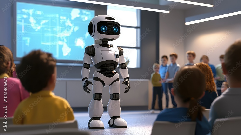 Wall mural humanoid robot engaging with children in classroom setting