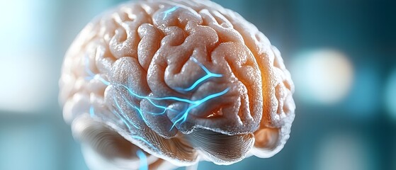 Glowing brain with blue neural pathways visualizing the advanced future of intelligence data networks and digital transformation