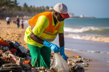 Individual cleaning up litter on a beach to preserve the natural environment and wildlife