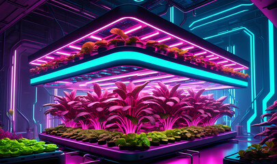 An artistic rendering of an aeroponic farm with vibrant colors, dynamic shapes and a futuristic design, showcasing the potential for innovation in agriculture