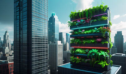 Obraz premium A photorealistic depiction of a vertical garden on a rooftop, showcasing the potential for greening rooftops and creating sustainable urban landscapes.