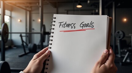 Photorealistic Fitness Goals Written on a Planner with Gym Equipment in the Background, Soft Ambient Light, Energetic and Determined Atmosphere