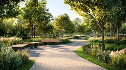 Obraz premium Serene Pathway in a Modern Park Setting