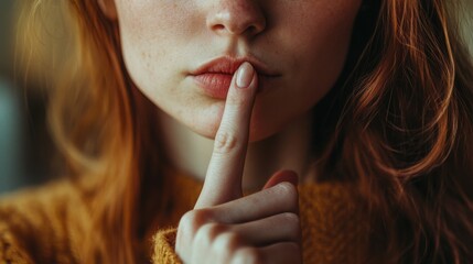 Naklejka premium woman gently holding her finger to her lips, signaling for silence