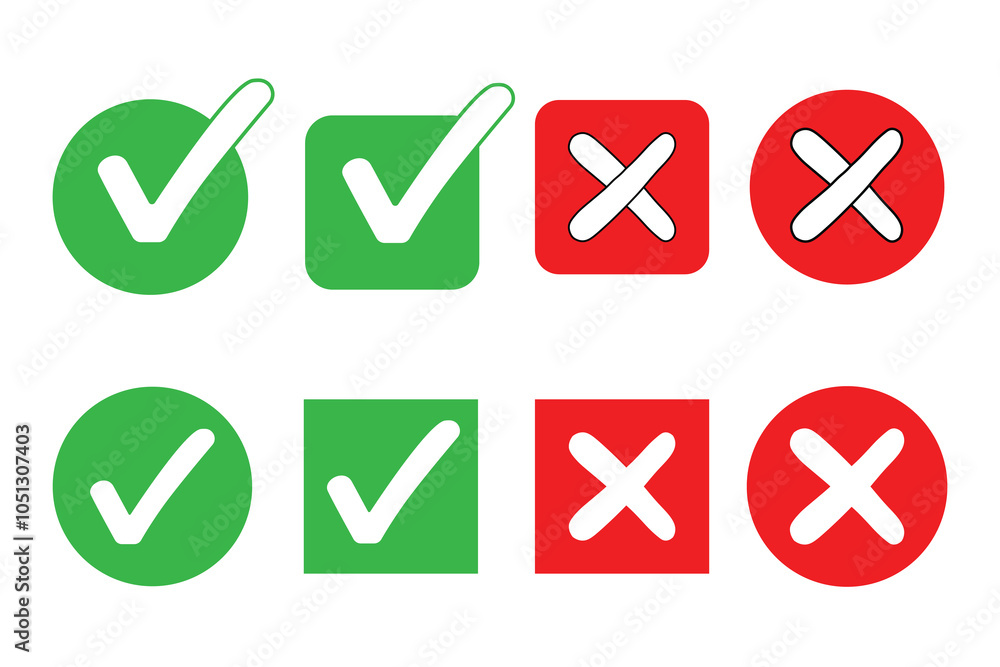 Poster right or wrong icons. green tick and red cross checkmarks. yes or no symbol, approved or rejected ic
