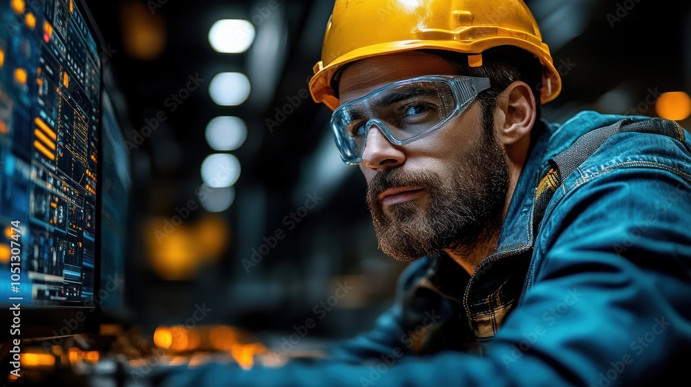 Poster a focused worker in a safety helmet analyzes data on a computer.