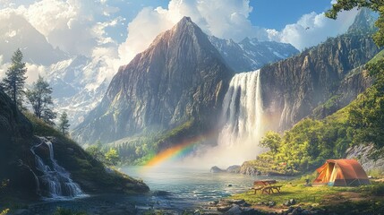 Scenic Campsite Beside Roaring Waterfall with Mist
