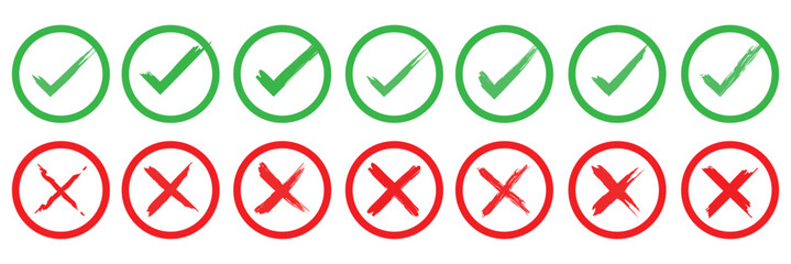 Check mark, tick and cross brush signs, green check mark OK and red X icons, symbols YES and NO button for vote, decision, election choice - vector