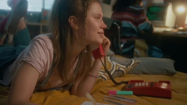 Handheld lowkey shot of cheerful sassy gen Y Caucasian girl lying in bed and talking to friend on red landline phone, drawing in diary and having fun in evening at home, carefree and nostalgic 1990s