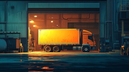 The truck is parked on an industrial warehouse loading dock