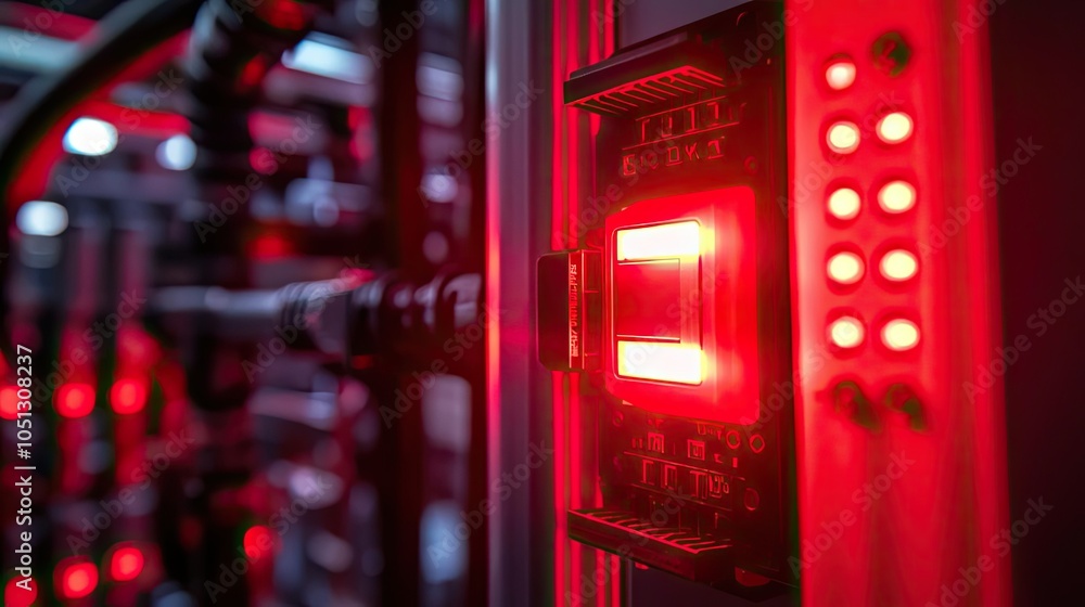 Poster close-up of a red illuminated control panel in a high-tech environment.