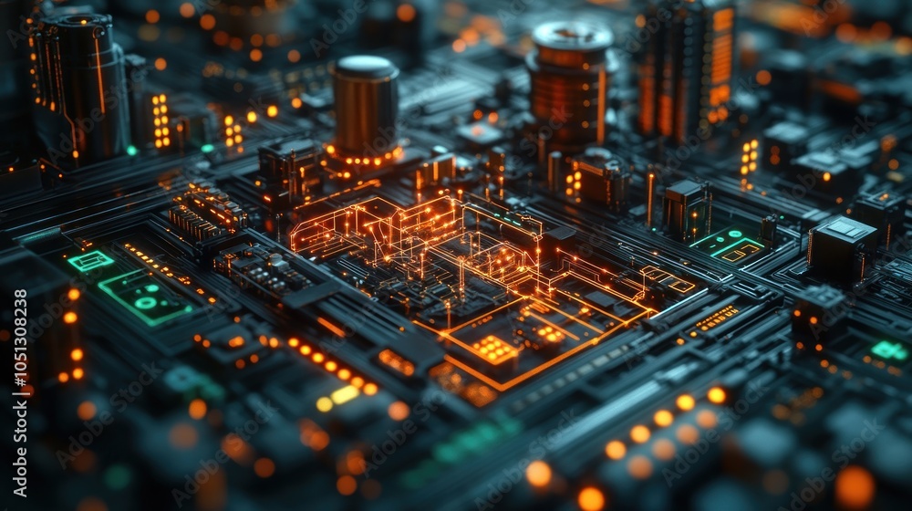 Poster abstract representation of a futuristic circuit board with glowing elements.