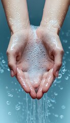 Fototapeta premium Hands cupping bubbles and water with a calming blue background, symbolizing cleanliness and freshness.