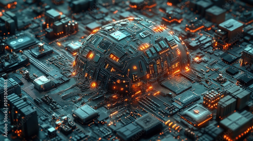 Poster abstract futuristic landscape with glowing circuitry and structures.