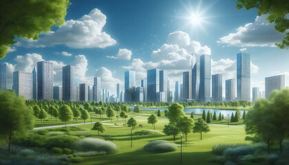 Obraz premium Skylines and Sunlit Serenity, Generative Ai