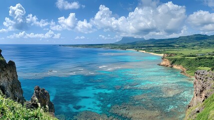Panoramic View of Okinawa Coastline and Clear Waters