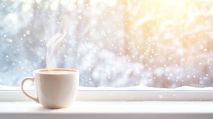 Fototapeta premium Minimalist Stock Photo of a Steaming Cup of Coffee on a Windowsill with Snowy Background and Soft Warm Light, Creating a Cozy Winter Atmosphere