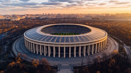 Aerial view of a grand stadium surrounded by trees, showcasing architecture at sunset with a vibrant city skyline in the background.